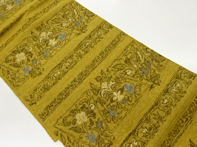 手織り紬横段に花唐草模様織出し名古屋帯